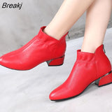 Fashion Genuine Leather Ankle Boots Women Thick Heels Zipper Pointed Toe Autumn Winter Woman Shoes Soft Sole Short