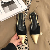 Women's Sandals for Summer 2023 Fashion Sexy Metal Color Pointed Low-heeled Slip-on Shoes Women Mules Casual Flat