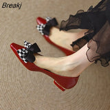 Autumn Women Shoes Shallow Mouth Flat Shoes Pointed Bow New Elegant Low Heel Patent Leather Wine Red Banquet 34-39
