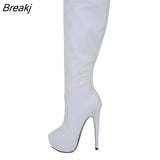 Womens Matte Leather Pointed Toe High Heels Autumn Winter Mid Calf Knee Wide Leg Stretch