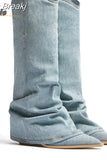 Boots Women 2023 New Fashion European Style Pointed Toe Denim Mid Calf Boots Causal Dress Street Fashion Boots