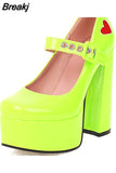 Pumps Round Toe Chunky Block Heel Ankle Strap With Heart 2023 Spring Brand New High Heels Mary Janes Women