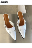 High-Heeled Shoes Lady Woman's Slippers Slides Pointed Toe Low 2023 Cover Rome Basic PU Fabric Scandals Hoof Cover Toe