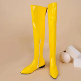 Women Over the Knee Boots Wide Calf Size 34~48 Candy Colour Chunky Low Heel Pointy Toe Patent Leather Comfortable Boot Zip