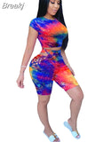 Women Tie Dye Print 2 Pieces Sets Tracksuits Crop Top Side Lace-Up Bandage Shorts Ladies Sexy Tracksuits Hollow