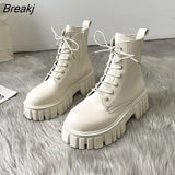 Autumn Winter Women's Shoes Thick Sole Lace-up Side Zippers Boots Leather High Heel Chunky Short Boot for