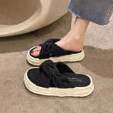 Women Slippers Summer Shallow Med Slides Platform Fashion Butterfly-Knot Shale Female Beach Soft Luxury Sabot