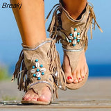 Women Fringe Flower Wedges Shoes 2020 Solid Flock Beach Casual Sandals Women Summer Flip Flop