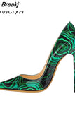 green printed party wedding shoes ladies pumps womens heels shoes fashion 12 cm stilleto pointed toe heels QP015