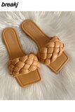Fashion Weave Slippers Women Square Toe Flat Casual Shoes Women Slide 2023 Summer Flip Flops Beach Sandal Slipper Big