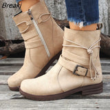Autumn Retro Knight boots Women Round Toe Lace UP Ankle Boots Female Plus Size Flat Shoes Belt Buckle Suede Short