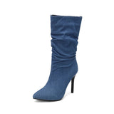 Women Denim Cowboy Boots High Heels Winter Warm Shoes Extra Big Size 45 46 47 48 Mid Calf Boots