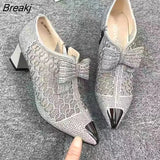 Women's Pointed Toe Sandals Luxury Breathable Mesh Bowknot Rhinestone Clear Elegant Mid-Heeled Simple Pump Shoes Mesh
