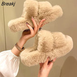 Winter Open Toe Slipper Fashion Fur Thick Sole Flats Heel Ladies Casual Slip On Bedroom Shoes Soft Outdoor Slides