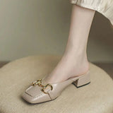 with Heel Summer 2023 Leather Slides Pink Mules Women's Slippers and Ladies Sandals Job I Non Slip Original Korea Style