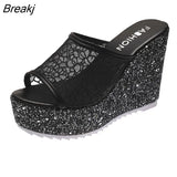 Golden Women House Slippers Summer Shoes Platform 4cm Outside Fitting-room 11cm High Heels Wedges Solid Mesh Female