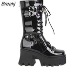 Platform Leather Medium Boots Women's Retro Punk Height Increasing Gothic Punk Knight Boots Ladies Lace Up Booties