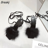 New Black Women Sandals Sexy Open Toe Furry Fur Summer High-Heeled Sandals Ladies