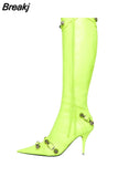 Women High Heels Boots Woman Pointed Toe Stilettos Heels Knee High Boots Sexy Ladies Rivet Retro Pumps 2023 New Botas