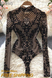 New Floral Print Bodysuit for Women Fashion Streetwear Elegant Stand Collar Long Sleeve Tight Fit Mesh Body Top Chic