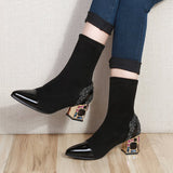 Women's Thick High Heel Ankle Boots Women's Pointed Tip Warm Elegant White Black High Quality Short