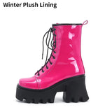 Boots Women Chunky Heel Rose Red Black Shoes Antumn Winter Patent Leather Combat Goth Lace Up Punk Ankle