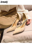 Fashion Brand Crystal Embellished High Heels Shoes Women Pointed Toe Dress Rhinestone Wedding Party Pumps Black Suede