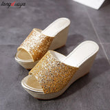 gold silver Sequine Platform Slippers Women Wedge Slides Slippers Summer Beach Slippers Casual Mules Heels