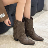 Rivets Western Boots for Women 2023 Autumn Winter PU Leather Mid Calf Boots Woman Thick Heels Pointed Toe Cowboy