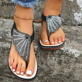 2023 New Sandals Fashion Rhinestones Flat Outdoor Beach Sandals Women Casual Clip Toe Sandalias De Mujer Plus Size