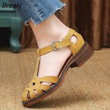 Braided Buckle Roman Sandals Solid Color Middle Heel All-match Women's Shoes Heel Comfortable Women's Beach
