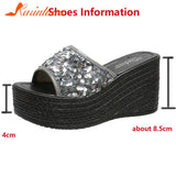 Wedge High Heeled Women Sandals New Arrived 2023 Bling Sequin Lady Slipper Peep Toe Comfort Walk Causal Sandals Plus