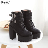 Autumn Fashion Women Boots High Heels Platform Buckle Lace Up Leather Short Booties Black Ladies Shoes Promotion