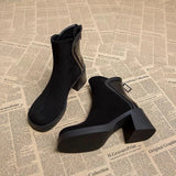 Spring and Autumn New Round Head Solid Color Frosted Leather Top Back Zipper Thick Bottom Waterproof Platform Women's
