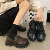 Brown Pu Leather Platform Loafers Women Fashion Slip On Shallow Flats Shoes Woman British Style Middle Heels Office