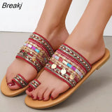 Women's Bohemian Sandals Summer Flats Female Casual Peep Toe Shoes Slip on Rhinestone Strappy Sandalias for
