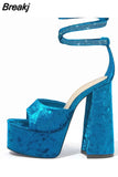 Design 2023 Chunky Platform Super High Heels Flock Women Sandals Rosyred Blue Fashion Comfy Women Party Shoes