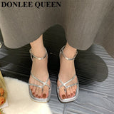 New Summer Women Sandals Fashion Square Toe Flat Heel Ankle Strap Shoes Narrow Band Casual Slides Green Sliver Female