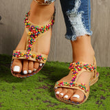 Women's T-Strap Colorful Beaded Flat Sandals Open Toe Elastic Ankle Strap Gladiator Shoes Woman Summer Bohemian Beach