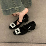 Breakj Plus Plus Gray Mary Jane Hairy Shoes Women's Shoes 2025 Autumn And Winter Temperament High Heel Square Drill Single