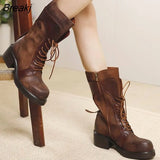 Women Motorcycle Boots Genuine Leather 2023 New Zip Round Toe Women Shoes Sewing Handmade Retro Ankle Platform