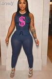 Solid Women Skinny Two Piece Sets Spring Bodycon Tracksuits Dollar Print Top And Leggings Pants 2pcs Outfits 2023
