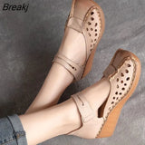 2023 New Fashion Square Toe Hollow Genuine Leather Sandals Roman Shoes Breathable Sandals Flat Wedges Women