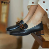 Metal Buckle Square Toe Women Flat High Shoes Crystal Heel Leather Square Loafers Shoes Fashion Chunky Heels Muller