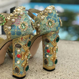Luxury Brand Women Platform Sandals Crystal Embroidery High Heel Sandalia Feminina Buckle Strap Rhinestone Wedding