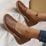 Retro Pu Leather Hollow Out Flats Women Spring Summer Thick Sole Wedges Shoes Woman Comfy Slip on Casual Shoes Size