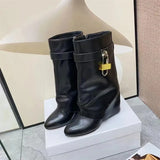 Lock Buckle Women's Mid Calf Boots Punk Style Round Toe High Heel Western Boots Luxury Designer Wedges Women's Short