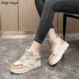 Women Letter Pattern Winter Fleece-lined Thermal Chunky Sneakers Non-slip Thick Soled Sports Sneakers platform cotton