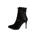 Winter 2023 Mid-Calf Boots Women Pointed Toe Super High and Thin Heel Shoes Buckle Cross-Tied Decorate Size 3~19