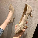Heel Stretch Knitted Pumps Shoes Women's Shallow Flats High Heels Dress Shoes Pointed Toe Mesh Breathable Cozy